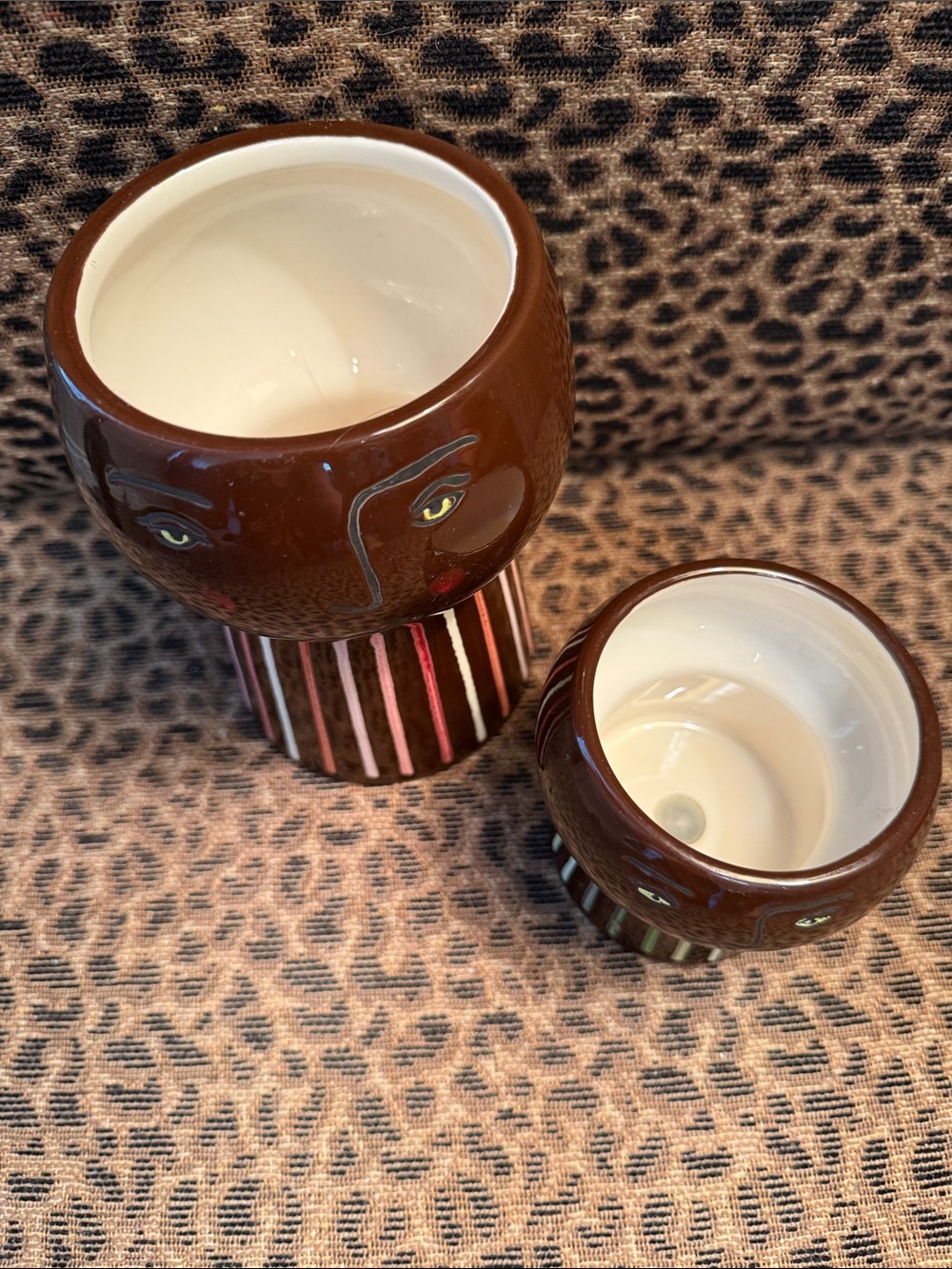 Set of 2: Handcrafted Brown Ceramic Face Planter with Colorful Stripe Base - Picture 2 of 6
